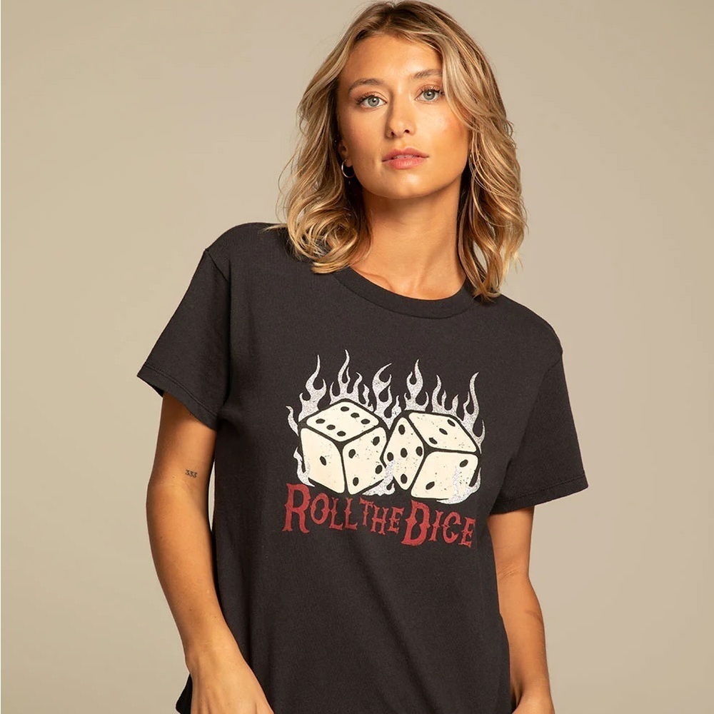 NEW CHASER “Roll the Dice” Black Graphic Tee Glitter Dice and Flames